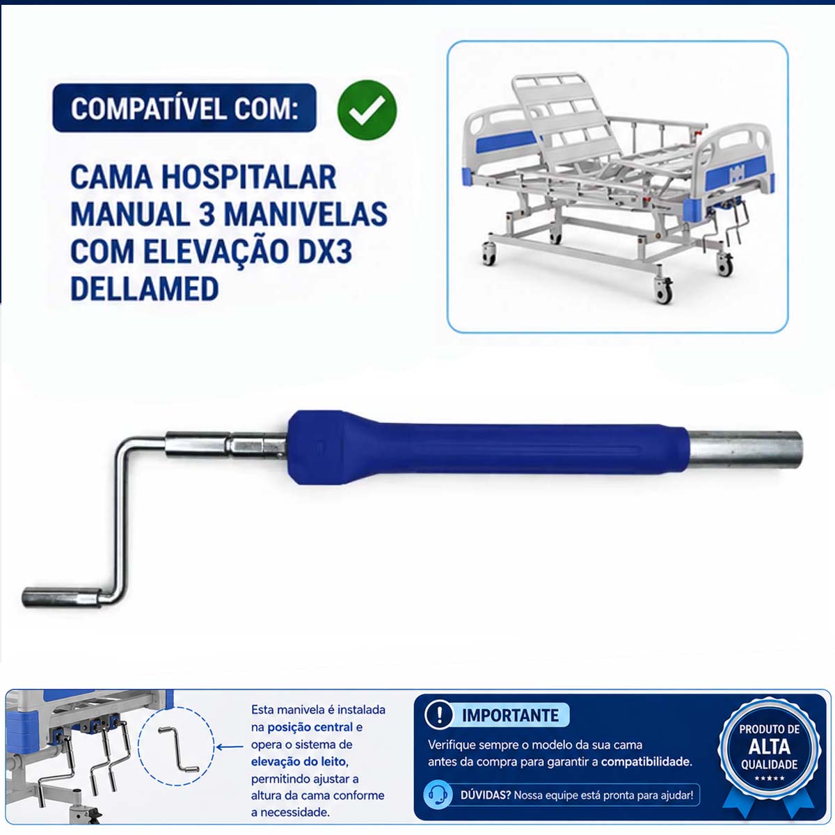 Manivela de Elevação do Leito Compatível com Cama DX3 Dellamed