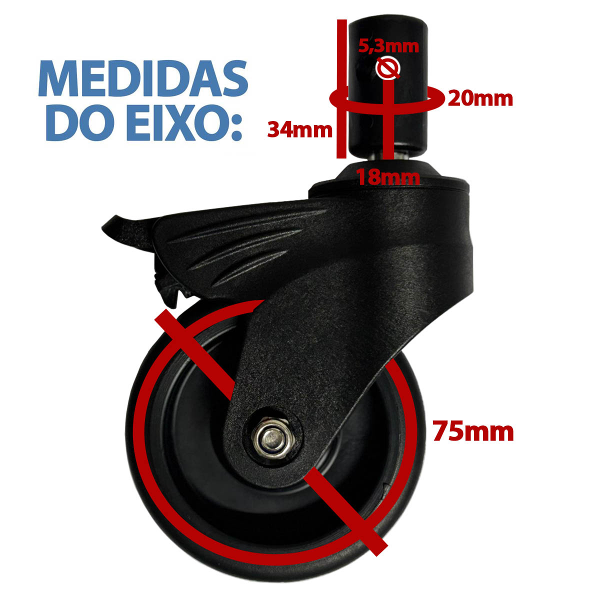 Rodízio para Cadeira de Banho D30 D40 D45 D50 Preto Dellamed