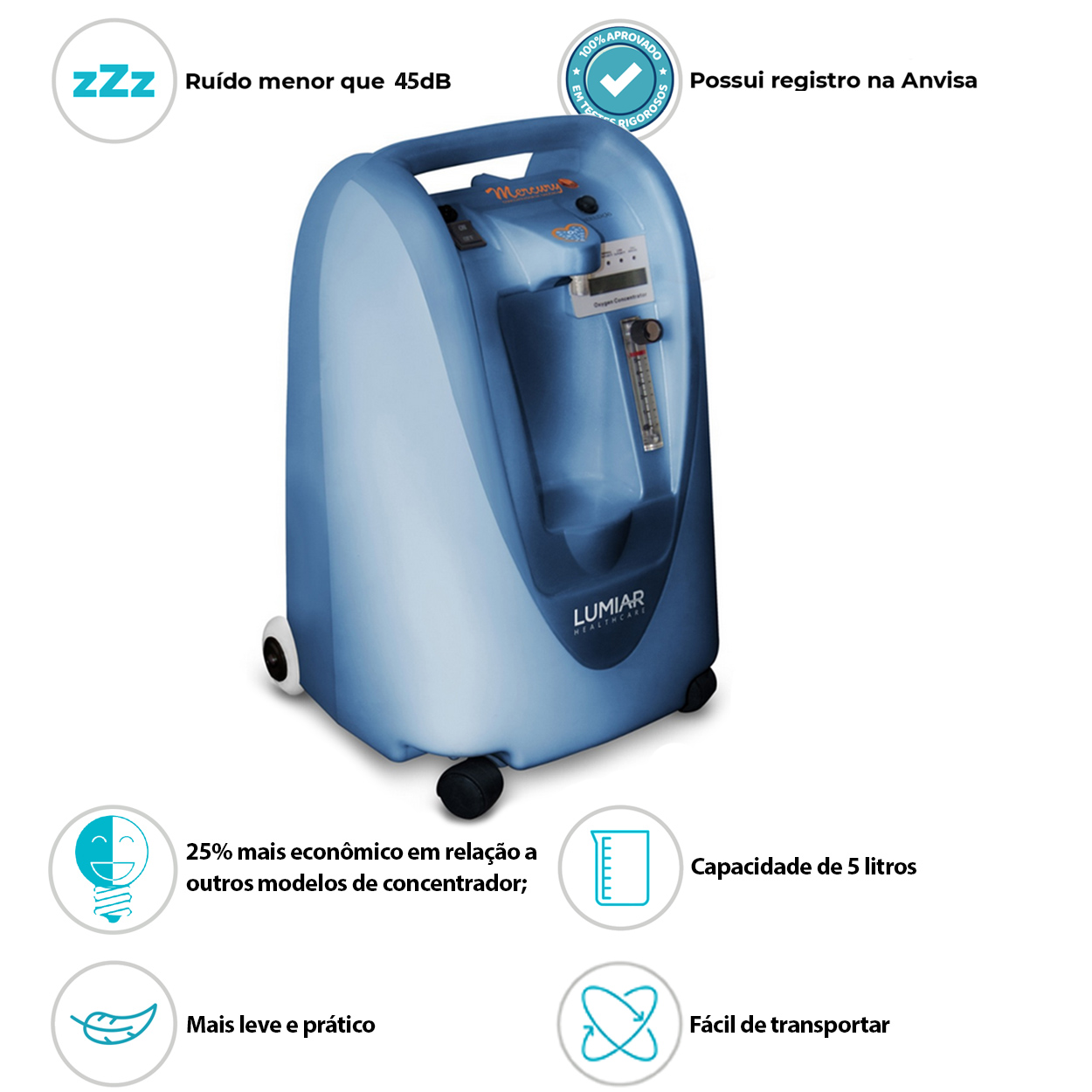 Concentrador de Oxigênio Lumiar Com Nebulização Mercury 5LPM 220V 60hz