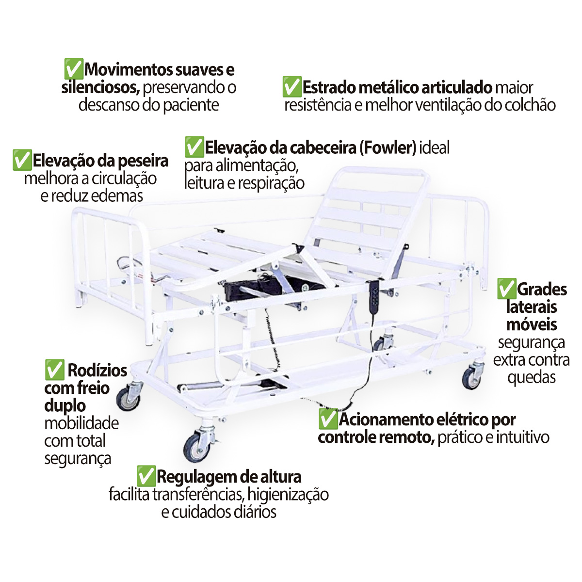 Cama Hospitalar Motorizada Evolution Steel com Elevação e Grade Móvel Pilati