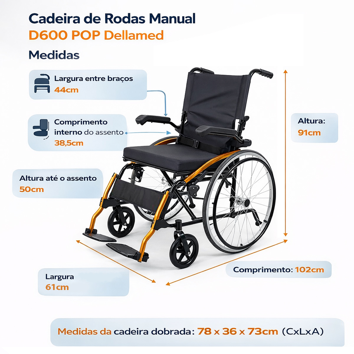 Cadeira De Rodas Dobravél Aluminio T44 D600 POP Dellamed