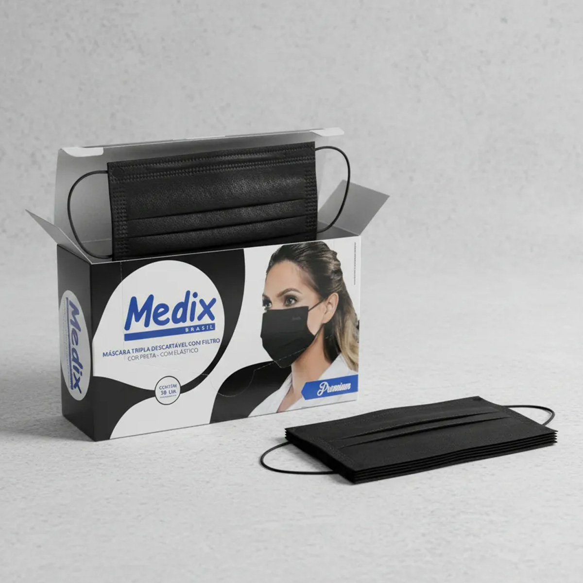 Máscara Descartável Tripla com Elástico Medix Preta 50UN