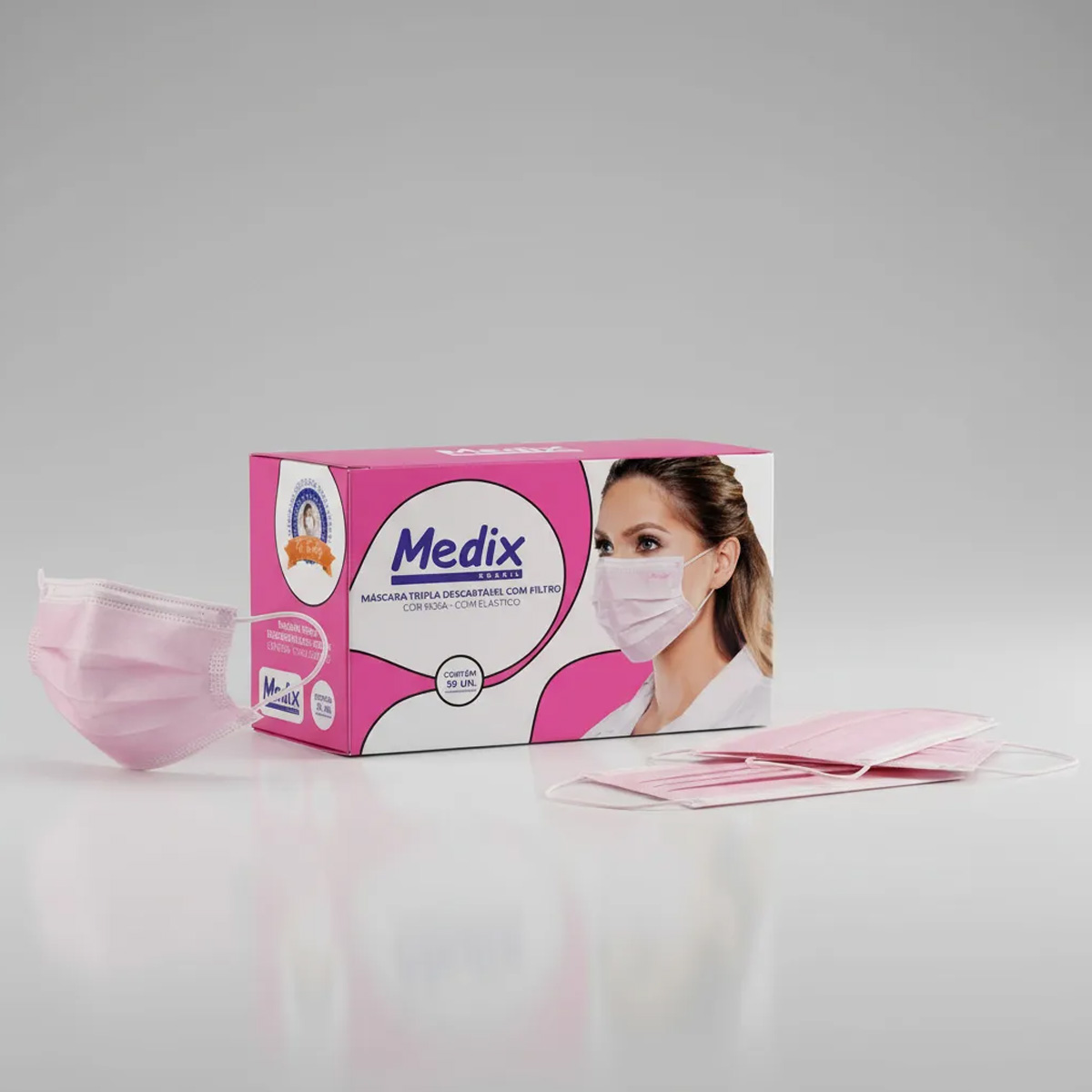 Máscara Descartável Tripla com Elástico Medix Rosa 50UN