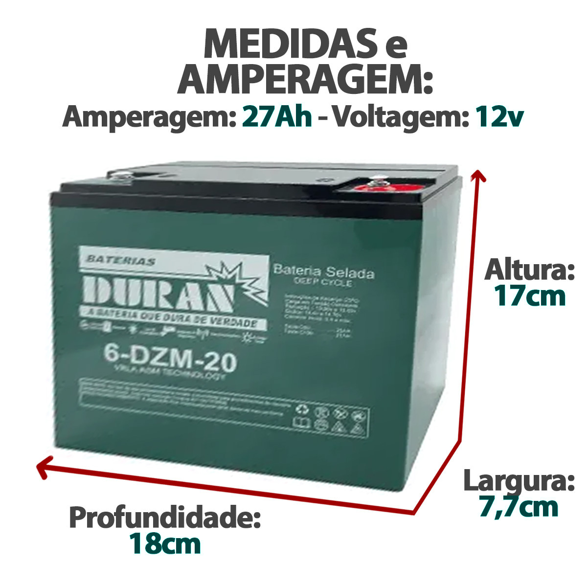 Bateria Selada para Cadeira de Rodas Motorizada Duran 12V 27Ah
