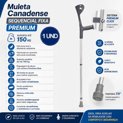 Muleta Canadense Sequencial Fixa Premium 150kg Ponteira 7/8